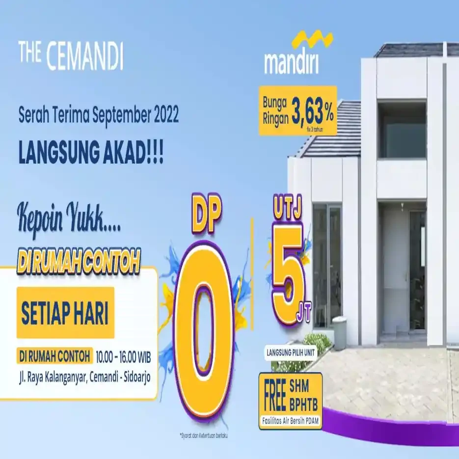 promo rumah the cemandi Sedati Sidoarjo dari bank mandiri utj Rp5jt, dp Rp0, bunga ringan