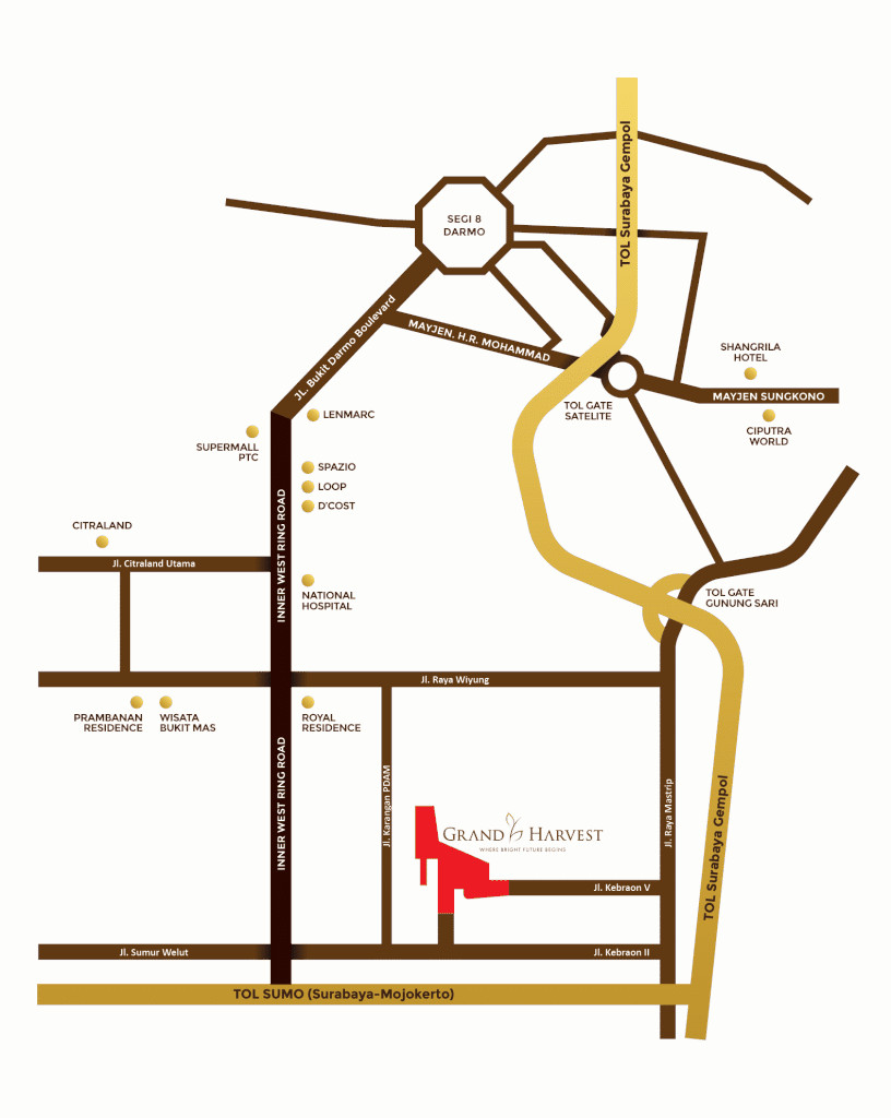 jual rumah Surabaya Grand Harvest LOKASI STRATEGIS Grand Harvest Surabaya, 05-10 menit Dari Tol Sumo dan pintu Tol Gunung Sari, 15 menit Dari PTC Supermall, 20 menit Dari pusat kota Surabaya  